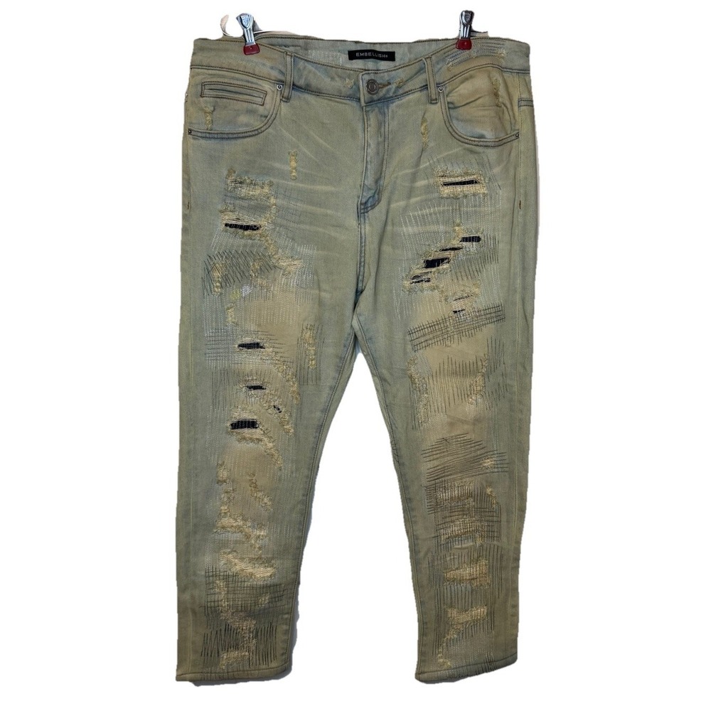 Embellish Men's Jeans Dirty Distressed Ripped Patches Tapered Leg Denim 38 NWT